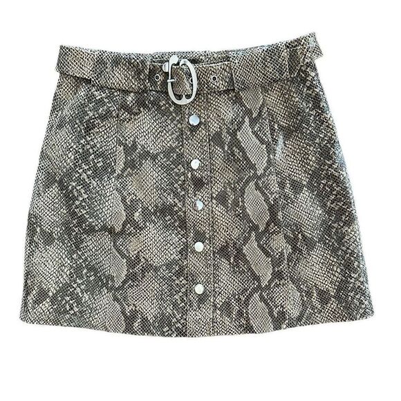 Zara Faux Leather Skirt Hogh Rise Snakeskin Front Button Neutral Tan Brown Belte - Picture 2 of 7